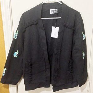 LUPE women's logo embroidered fringe trim thick warm cotton & linen blend jacket